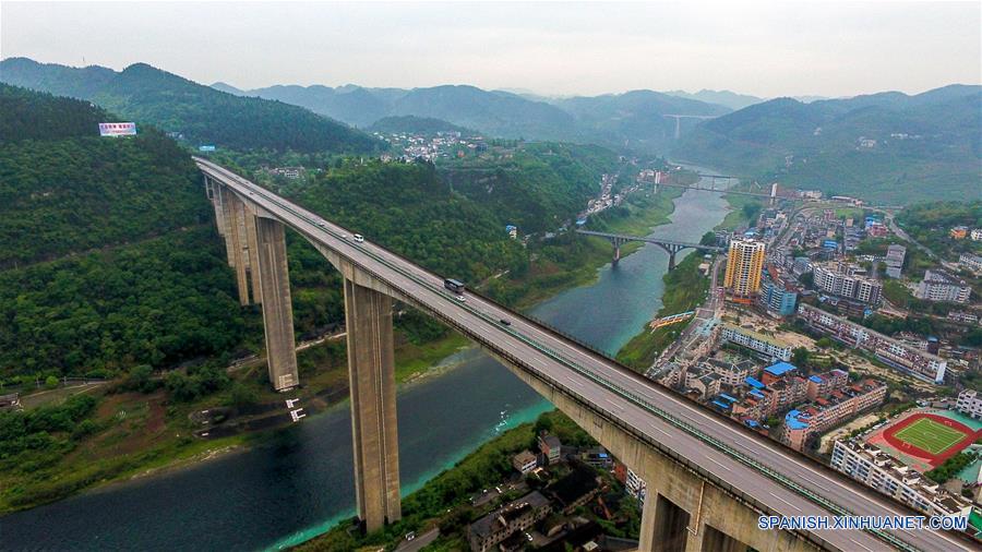 GUIZHOU, octubre 16, 2017 (Xinhua) --Imagen del 8 de mayo de 2017, de la vista aérea de puentes sobre el río Wujiang, un afluente en la margen sur de la parte alta del Yangtze, en la provincia de Guizhou, en el suroeste de China. El Yangtze, el tercer río más largo del mundo, atraviesa nueve provincias chinas y dos municipalidades, cubriendo 2.05 millones de kilómetros cuadrados. El Cinturón Económico del Río Yangtze, que representa más del 40 por ciento de la población nacional y el Producto Interno Bruto (PIB), es un nuevo motor de crecimiento para el país, reduciendo la brecha de desarrollo entre las regiones del este, oeste y centro. (Xinhua/Ou Dongqu)