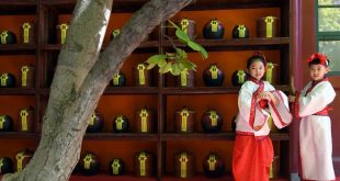 BEIJING, mayo 3, 2018 (Xinhua) -- Dos niños portando vestimentas clásicas chinas se alistan para una ceremonia tradicional de preservación del té llevada a cabo en el Templo Xiangjie del Parque Badachu, en Beijing, capital de China, el 3 de mayo de 2018. La ceremonia de preservación del té ha sido parte de la cultura china del té. En tal ceremonia, las hojas de té son colocadas en urnas de cerámica antes de ser selladas para su preservación. (Xinhua/Li Jundong)