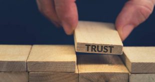Trust word written on wooden block. Building trust business concept.
